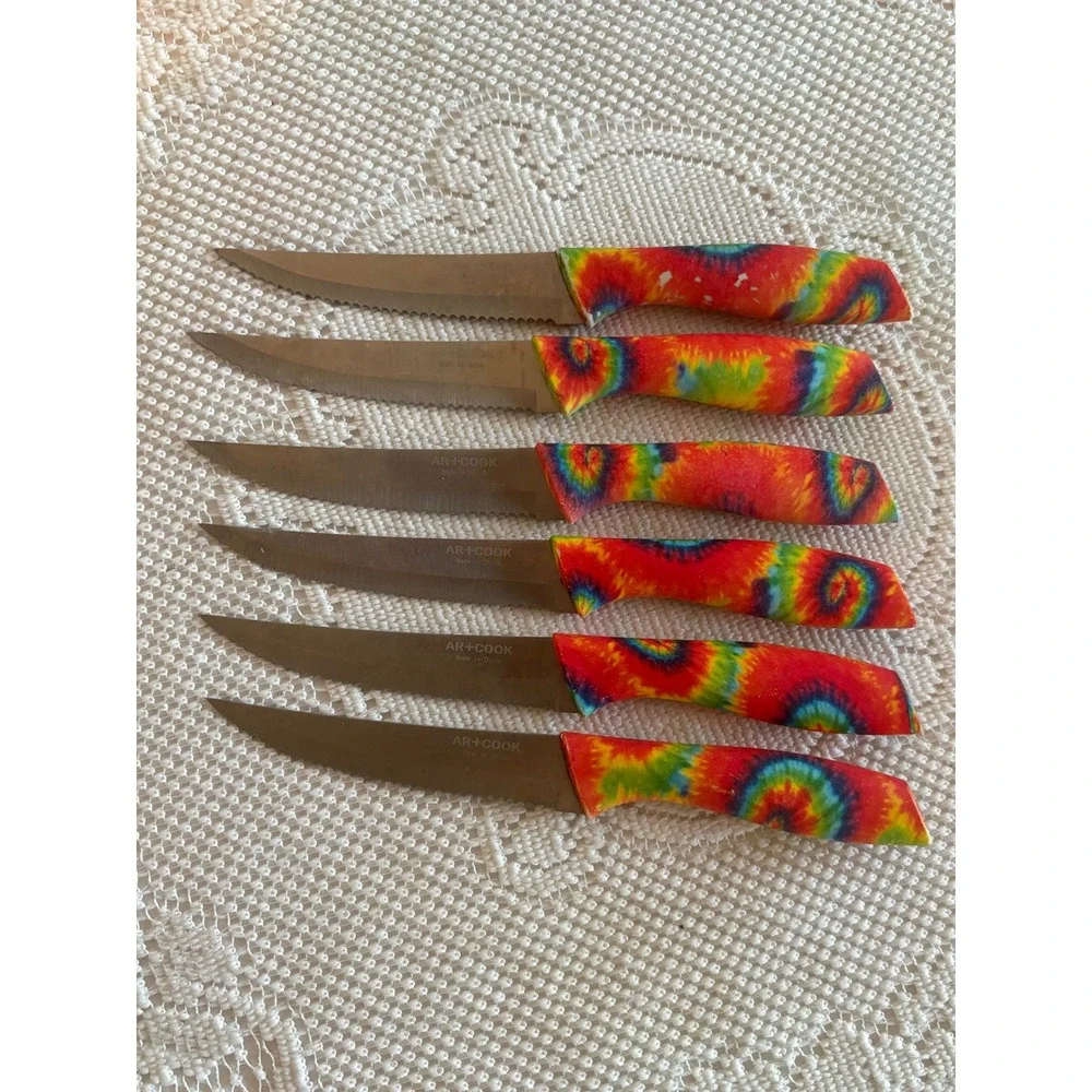 Art+Cook Steak Knife Set 6pc Stainless Steel Tie Dye Rainbow Serrated Blades